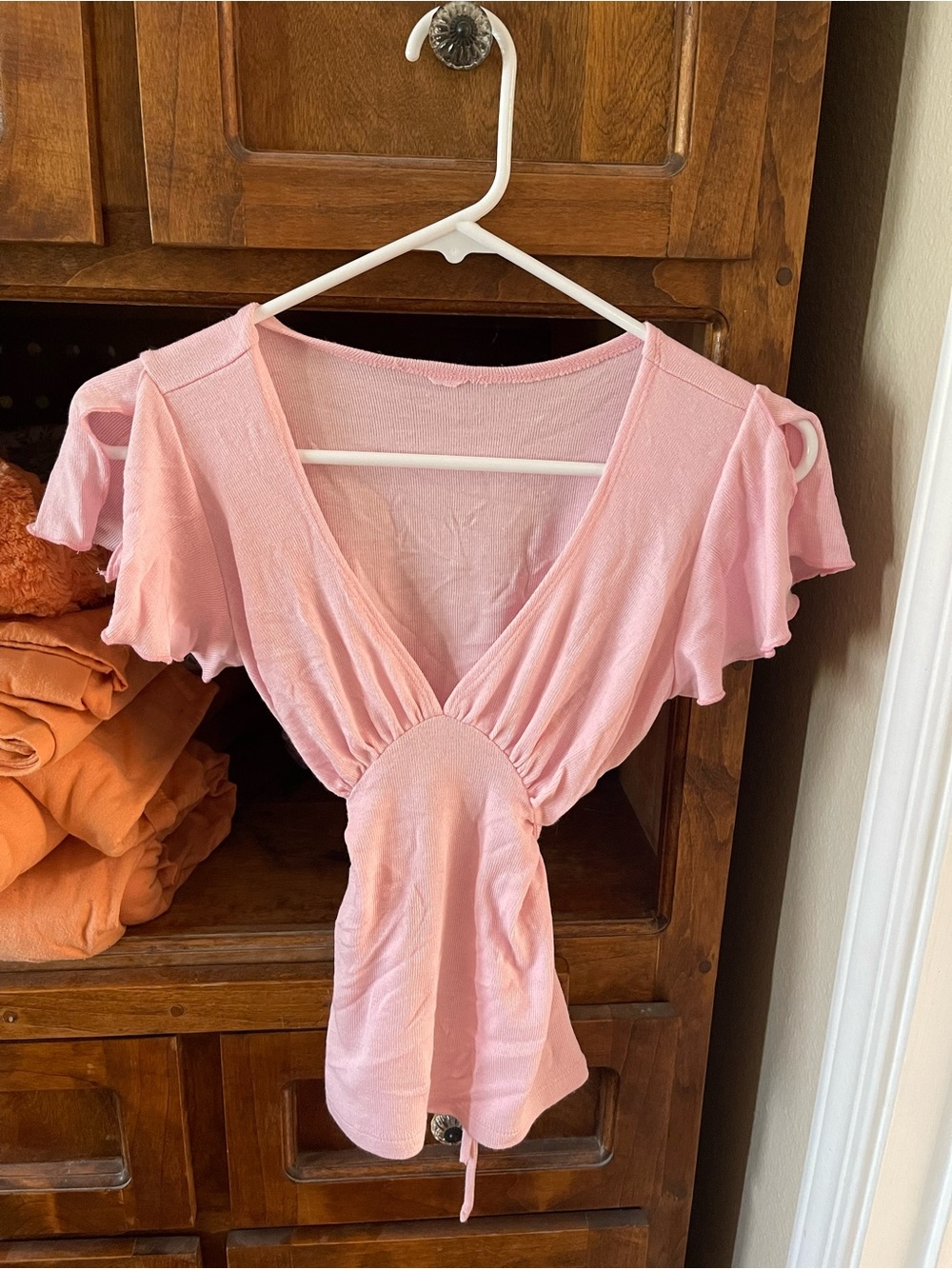 Pink V-Neck Flutter Sleeve Women's Top